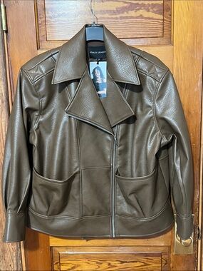 NWT Ashley Graham Faux Leather Moto Jacket Brown Size 3x